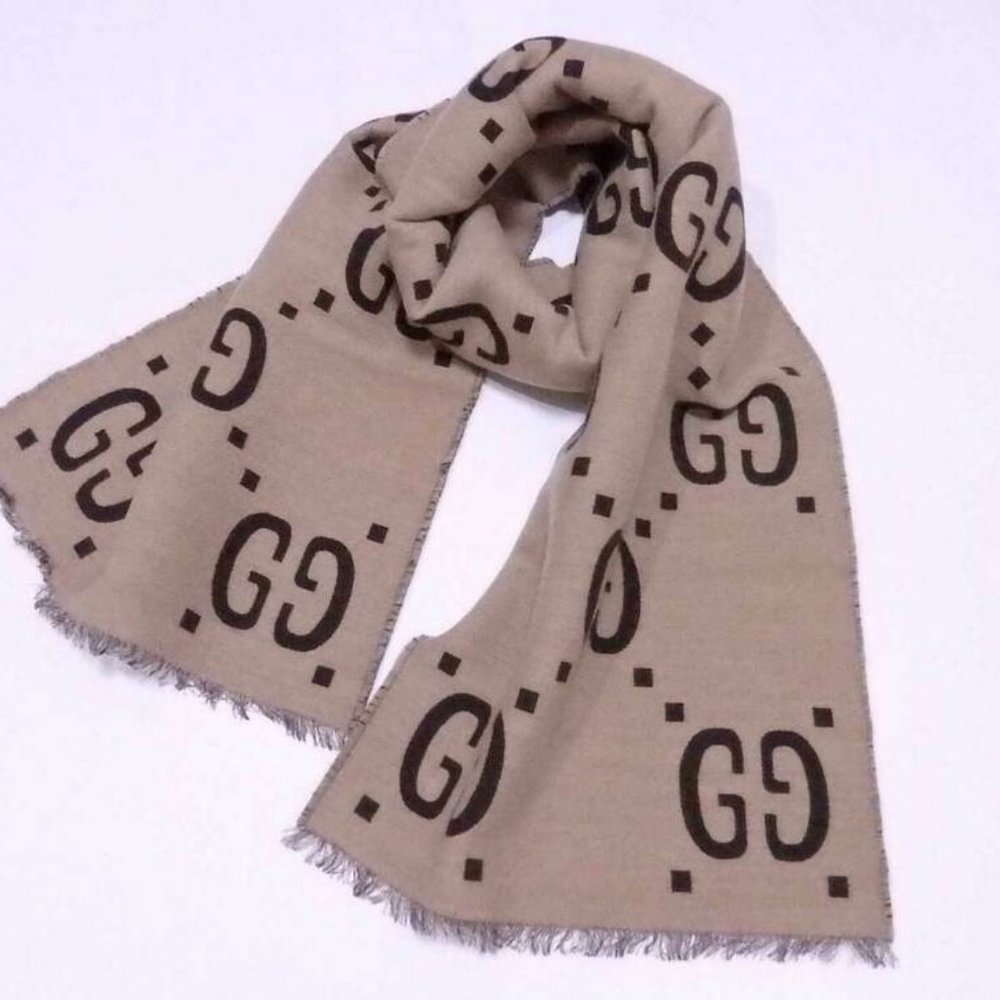 Auth Gucci GG Stole Muffler Scarf Beige/Brown Wool/Silk
